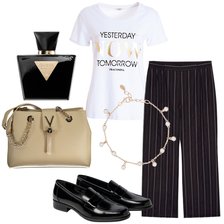 Outfit donna - Braccialetto raffinato. Stile Mannish per Ufficio. Abbinamento con profumi, braccialetti, t-shirt, pantaloni, mocassini, borse a spalla.