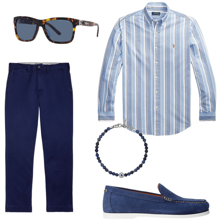 Outfit uomo - La camicia a righe. Stile Trendy per Ufficio. Abbinamento con braccialetti, scarpe stringate, pantaloni chino, occhiali da sole, camicie.
