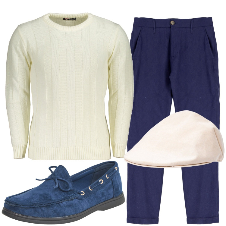 Outfit uomo - Panna e blu. Stile Casual per Ufficio. Abbinamento con scarpe stringate, pantaloni, cappelli e berretti, maglieria.