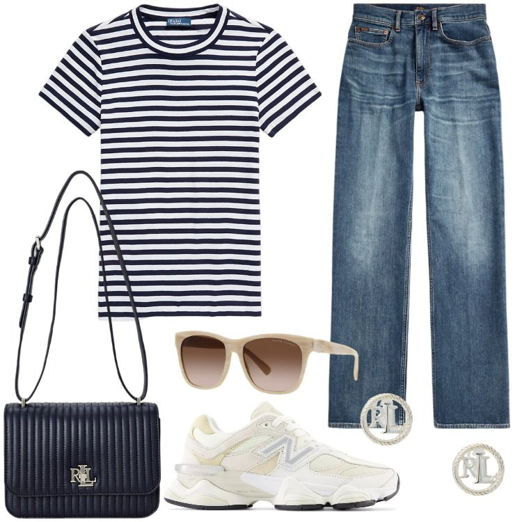Outfit donna - Total look #1944984. Stile Basic per Tutti i giorni. Abbinamento con sneakers, occhiali da sole, t-shirt, orecchini, jeans dritti, borse a spalla.