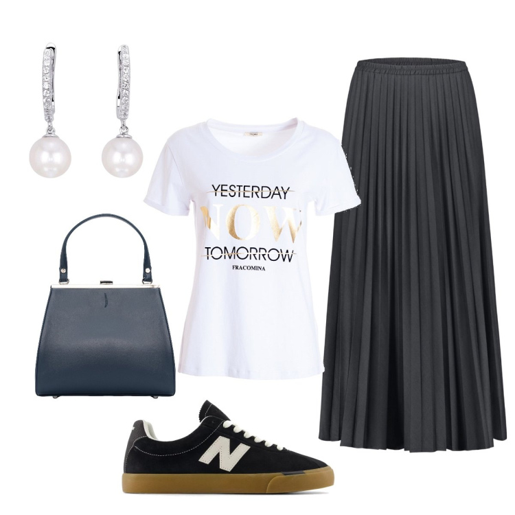 Outfit donna - L’eleganza delle perle. Stile Minimal per Tutti i giorni. Abbinamento con orecchini, sneakers, t-shirt, clutch, gonne lunghe.