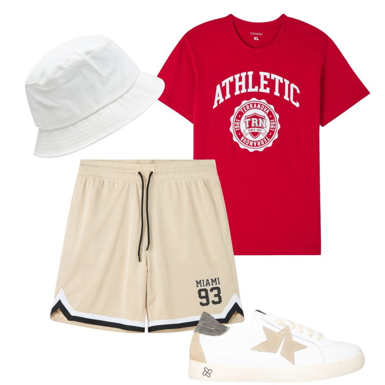 Outfit uomo - Corsa di fine agosto. Stile Casual per Sport. Abbinamento con t-shirt, cappelli, bermuda, sneakers.