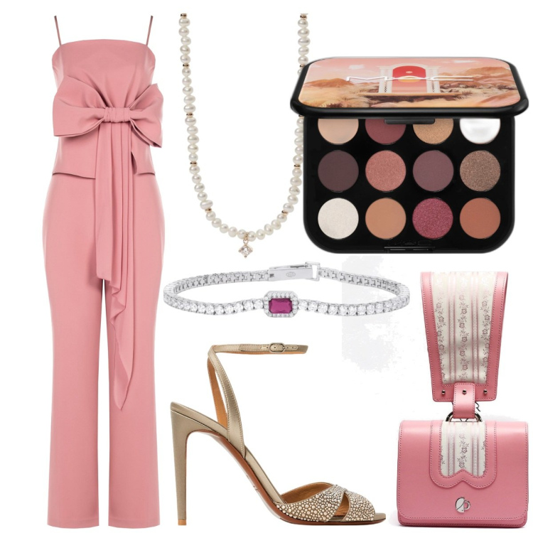 Outfit donna - Grande fiocco rosa. Stile Bon Ton per Cerimonia. Abbinamento con ombretti, braccialetti, collane, tute, sandali col tacco, borse a mano.