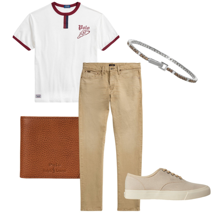 Outfit uomo - La t-shirt con i bordini. Stile Urban per Tutti i giorni. Abbinamento con braccialetti, sneakers, jeans, portafogli, t-shirt.