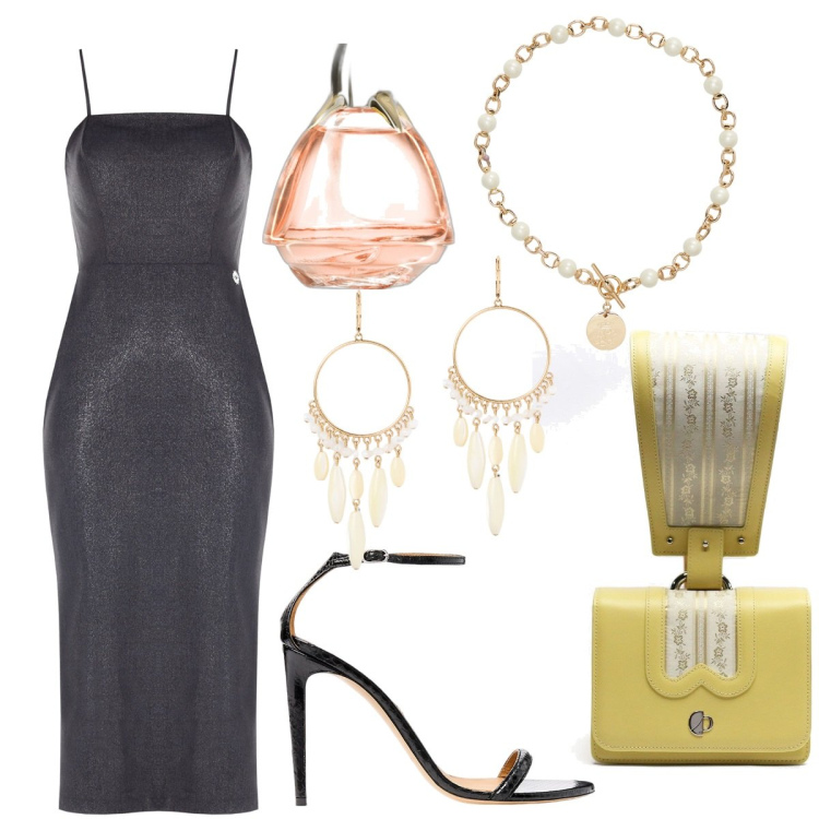 Outfit donna - Finalmente insieme. Stile Glamour per Cerimonia. Abbinamento con profumi, vestiti a tubino, collane, sandali in pelle, orecchini, borse a mano.