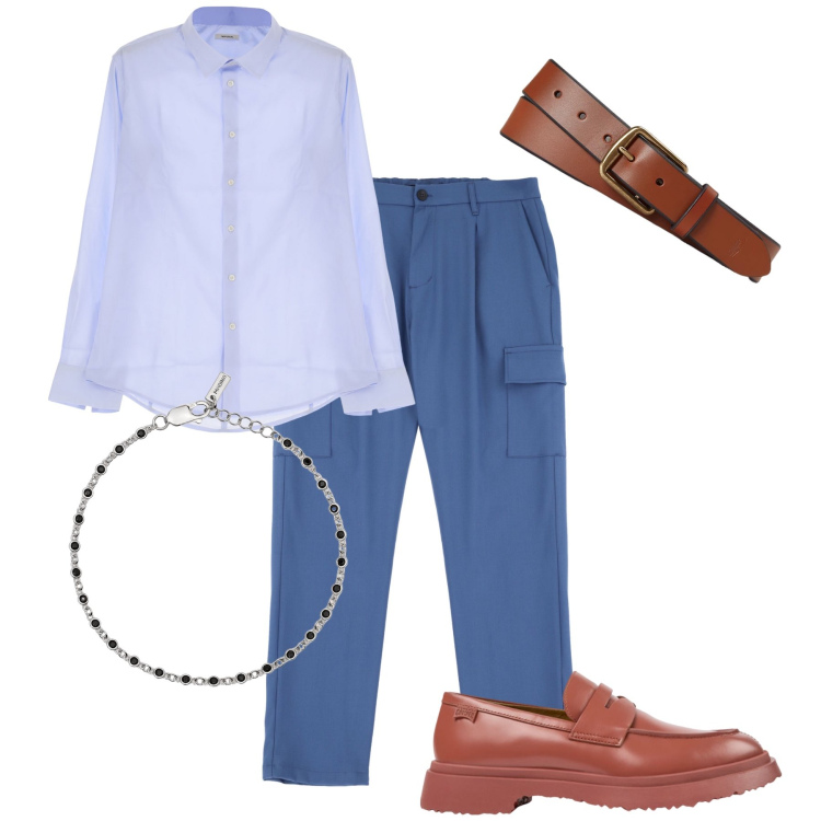 Outfit uomo - Molto trendy. Stile Trendy per Ufficio. Abbinamento con braccialetti, camicie, pantaloni cargo, cinture, scarpe stringate.