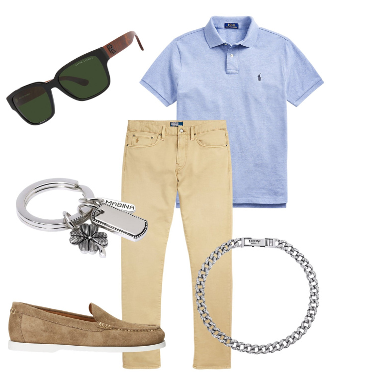 Outfit uomo - La polo color glicine. Stile Trendy per Serata speciale. Abbinamento con portachiavi, braccialetti, polo, pantaloni chino, occhiali da sole, scarpe stringate.
