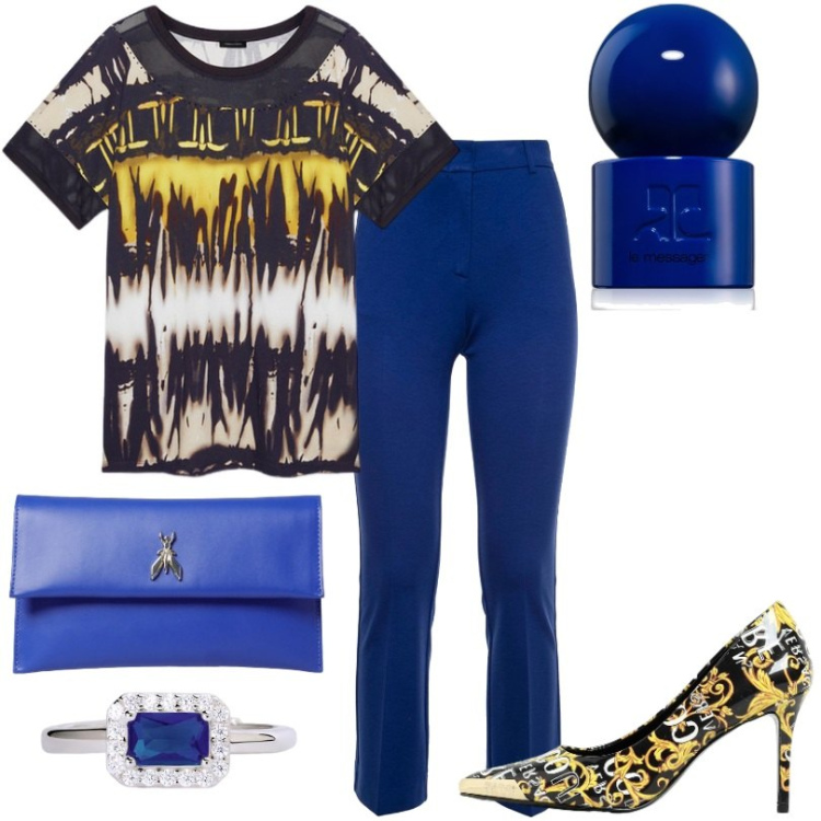 Outfit donna - Per farsi notare. Stile Casual chic per Serata fuori. Abbinamento con profumi, anelli, t-shirt, clutch, scarpe col tacco, pantaloni.