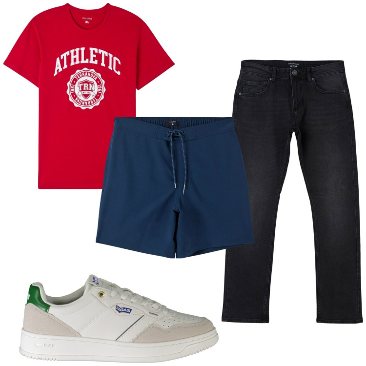 Outfit uomo - Total look #1945046. Stile Trendy per Tutti i giorni. Abbinamento con costumi, t-shirt, jeans dritti, sneakers.