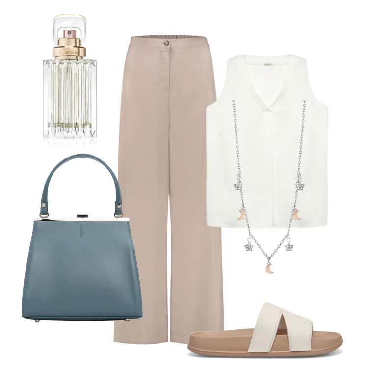 Outfit donna - Basica con classe in ufficio. Stile Minimal per Ufficio. Abbinamento con profumi, collane, sandali, top, clutch, pantaloni.