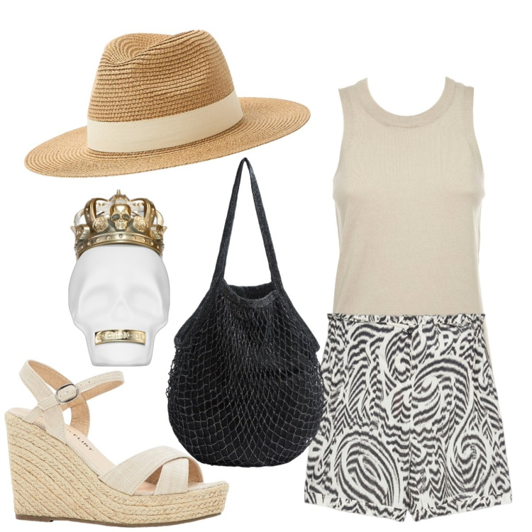 Outfit donna - Gente anche di città. Stile Etnico per Tutti i giorni. Abbinamento con sandali, borse a tracolla, cappelli, profumi, top, pantaloni corti.