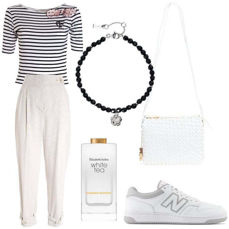 Outfit donna - Lo stile minimal per il rientro in città. Stile Minimal per Tutti i giorni. Abbinamento con profumi, braccialetti, sneakers, t-shirt, pantaloni, borse a tracolla.