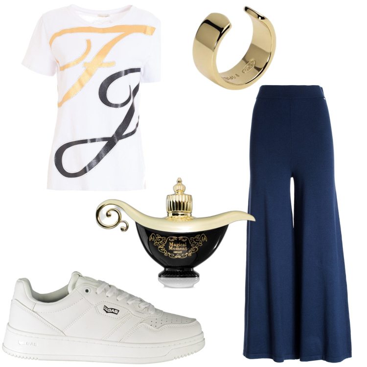 Outfit donna - Esprimi un desiderio. Stile Casual per Serata fuori. Abbinamento con profumi, orecchini, pantaloni, t-shirt, sneakers.