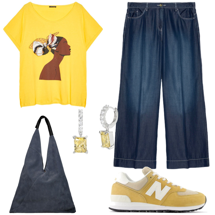 Outfit donna - Stile minimal per il rientro in città. Stile Minimal per Tutti i giorni. Abbinamento con orecchini, sneakers, pantaloni, t-shirt, borse a spalla.