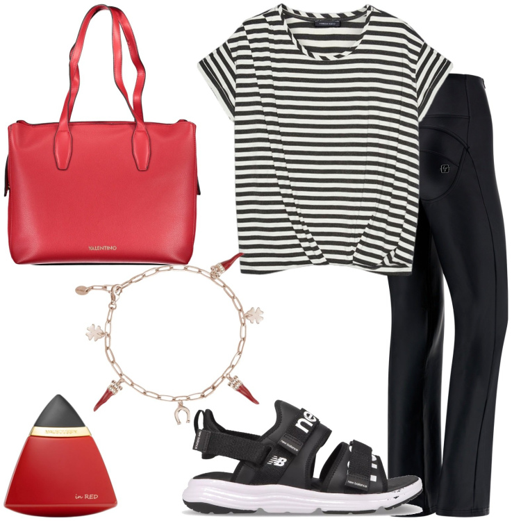 Outfit donna - Total look #1945113. Stile Casual per Tutti i giorni. Abbinamento con profumi, braccialetti, sandali, pantaloni, t-shirt, borse a spalla.