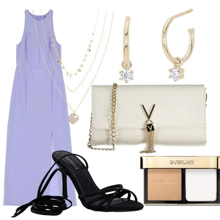 Outfit donna - Total look. Stile Glamour per Serata fuori. Abbinamento con collane, fondotinta, sandali alla schiava, orecchini, vestiti midi/longuette, borse a mano.