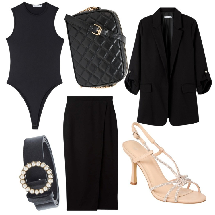 Outfit donna - Prima riunione in ufficio dopo le ferie. Stile Chic per Ufficio. Abbinamento con gonne longuette, blazer, body, cinture, sandali col tacco, borse a tracolla.