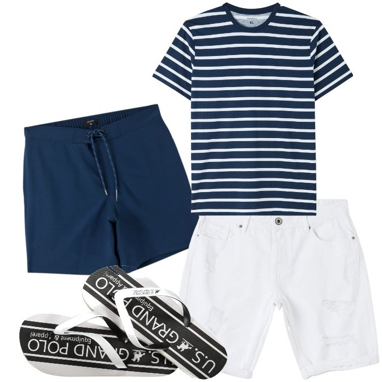 Outfit uomo - Blu navy per i look da mare. Stile Casual per Mare. Abbinamento con t-shirt, bermuda, costumi, sandali.