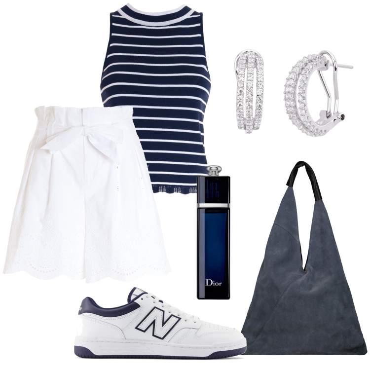 Outfit donna - Pizzo Sangallo e sneakers. Stile Casual per Tutti i giorni. Abbinamento con profumi, orecchini, sneakers, top, pantaloni corti, borse a spalla.