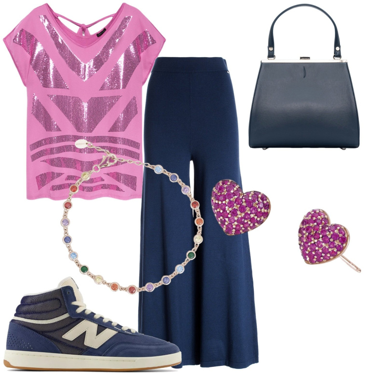 Outfit donna - Total look #1945158. Stile Casual per Tutti i giorni. Abbinamento con braccialetti, orecchini, sneakers, pantaloni, clutch, t-shirt.