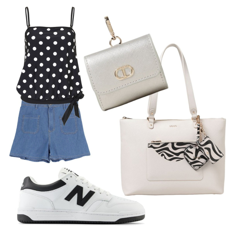 Outfit donna - Esami estivi. Stile Casual chic per Scuola/Università. Abbinamento con top, sneakers, shorts, portamonete, borse tote.