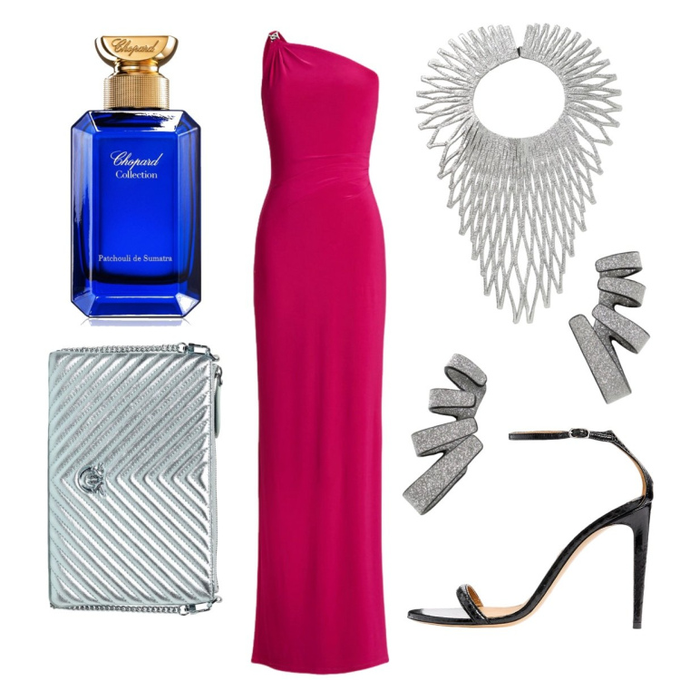 Outfit donna - Venezia Mostra in Glamour. Stile Glamour per Cerimonia. Abbinamento con profumi, vestiti asimmetrici, sandali in pelle, borse a mano, collane, orecchini.