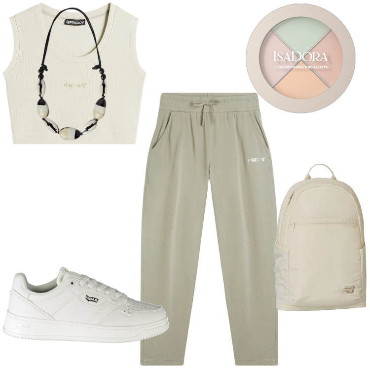 Outfit donna - Total look #1945176. Stile Casual per Tutti i giorni. Abbinamento con primer, zaini, pantaloni, top, collane, sneakers.