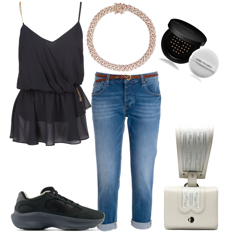 Outfit donna - Total look #1945179. Stile Casual per Tutti i giorni. Abbinamento con ciprie, braccialetti, sneakers, top, jeans boyfriend, borse a mano.