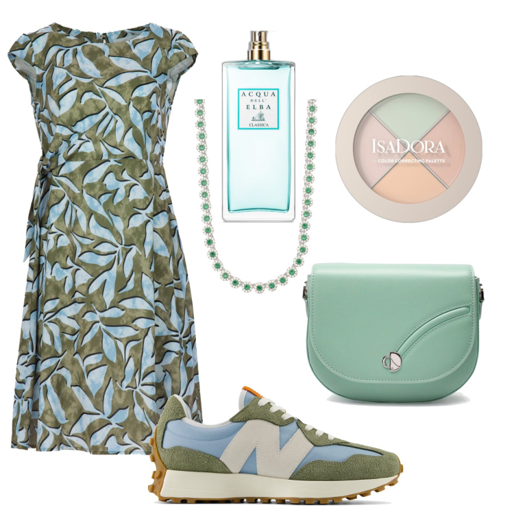 Outfit donna - Aperitivo comodo con classe 50 plus. Stile Casual chic per Tutti i giorni. Abbinamento con primer, profumi, collane, sneakers, vestiti midi/longuette, borse a tracolla.
