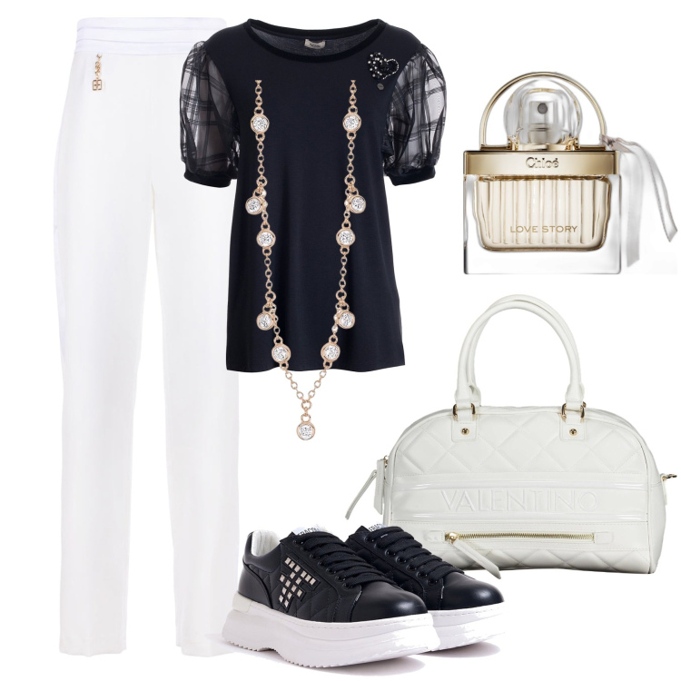 Outfit donna - Cena di fine agosto. Stile Casual chic per Serata fuori. Abbinamento con profumi, collane, t-shirt, sneakers, pantaloni a palazzo, borse a spalla.
