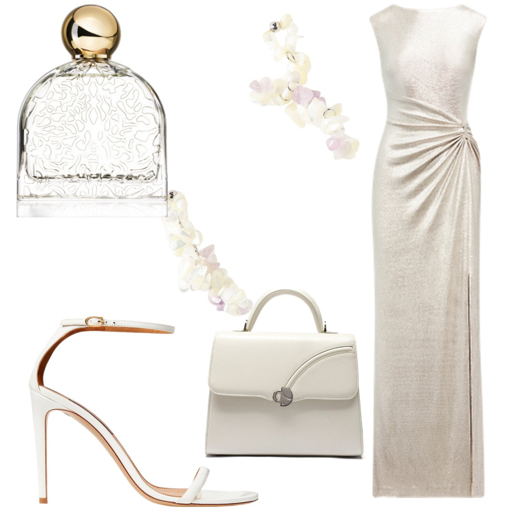 Outfit donna - Come una sposa. Stile Chic per Cerimonia. Abbinamento con profumi, vestiti, sandali in pelle, orecchini, borse a mano.