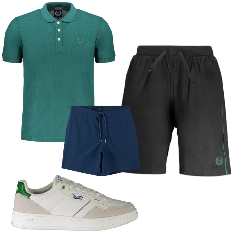 Outfit uomo - Total look #1945278. Stile Trendy per Mare. Abbinamento con costumi, sneakers, polo, pantaloni.