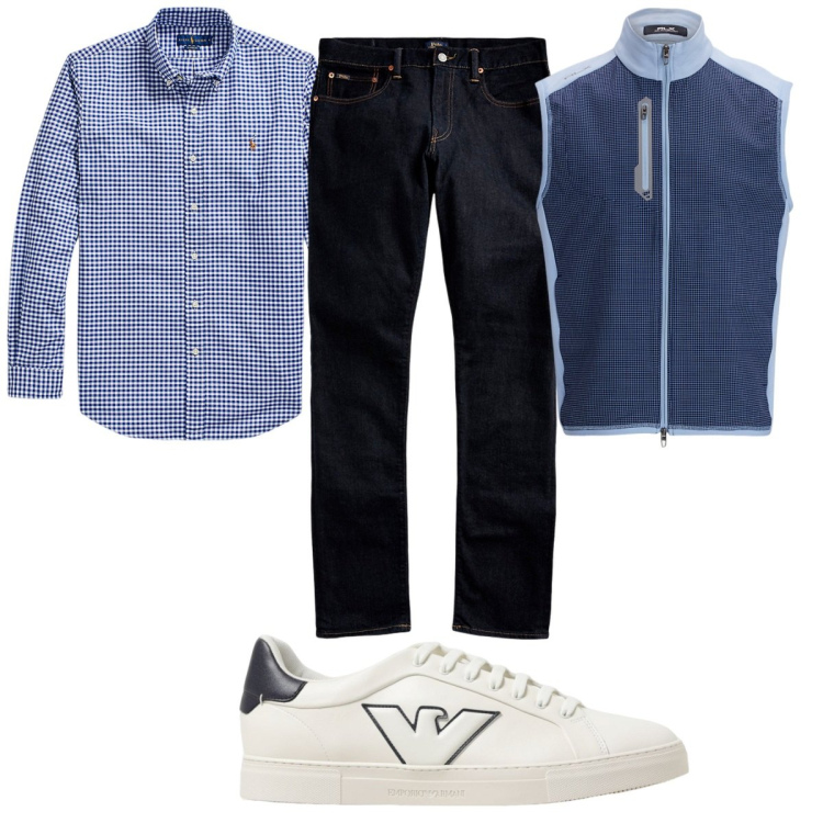 Outfit uomo - Total look #1945284. Stile Casual per Tutti i giorni. Abbinamento con jeans, camicie, gilet, sneakers.