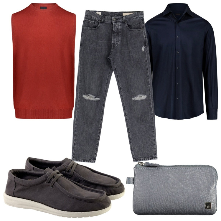 Outfit uomo - Total look #1945288. Stile Trendy per Tutti i giorni. Abbinamento con jeans slim fit, gilet, scarpe stringate, polo, portafogli.