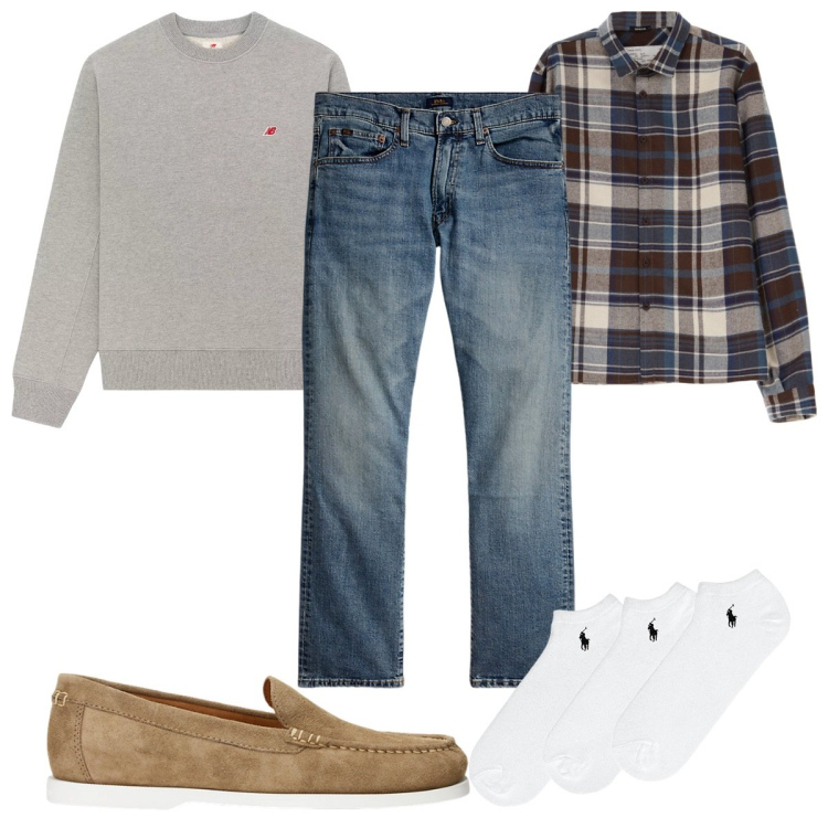 Outfit uomo - Total look #1945291. Stile Casual per Tutti i giorni. Abbinamento con felpe, camicie, calzini, jeans dritti, scarpe stringate.