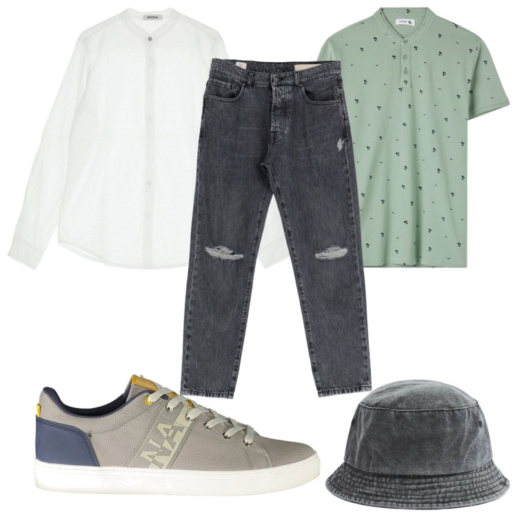 Outfit uomo - Total look #1945293. Stile Trendy per Tutti i giorni. Abbinamento con cappelli, t-shirt, jeans slim fit, camicie, sneakers.