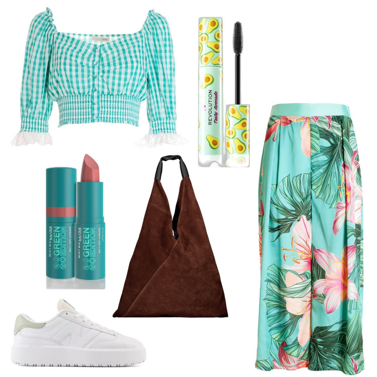 Outfit donna - Che bei fiori. Stile Romantica per Serata fuori. Abbinamento con mascara, rossetti, sneakers, pantaloni, top, borse a spalla.