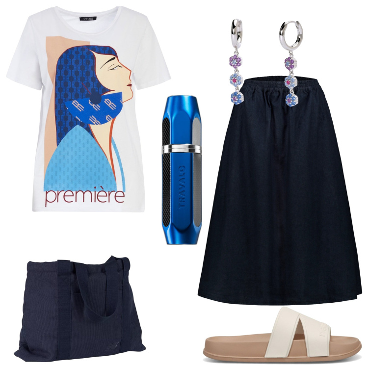 Outfit donna - Stile minimal. Stile Minimal per Tutti i giorni. Abbinamento con profumi, orecchini, sandali, borse tote, t-shirt, gonne.