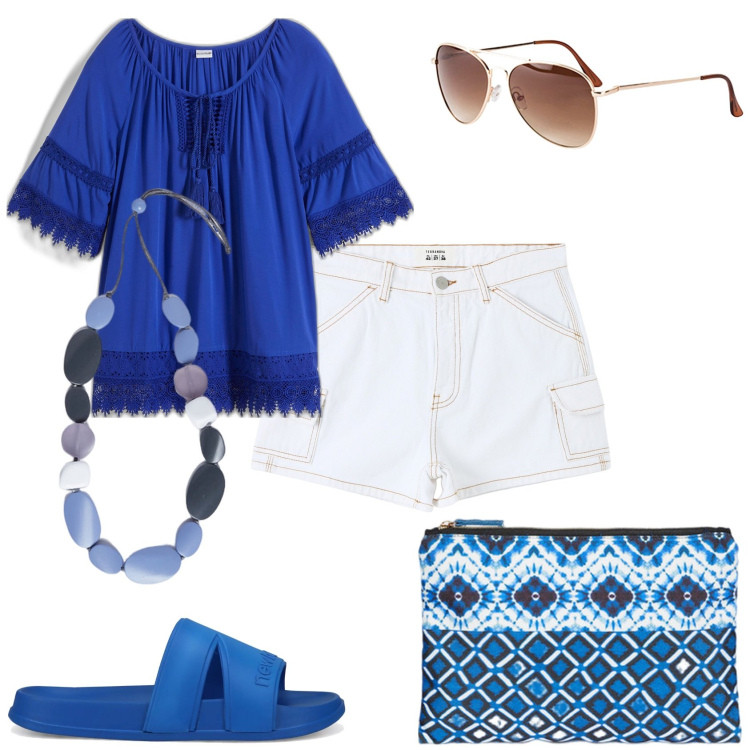 Outfit donna - Vacanza. Stile Casual per Tutti i giorni. Abbinamento con occhiali da sole, tuniche, pantaloni corti, sandali, pochette, collane.