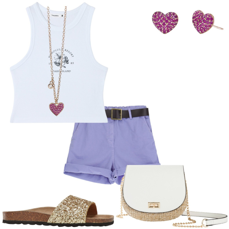 Outfit donna - Pantaloncino e top. Stile Trendy per Tutti i giorni. Abbinamento con borse a tracolla, ciabatte, orecchini, collane, canottiere, shorts.
