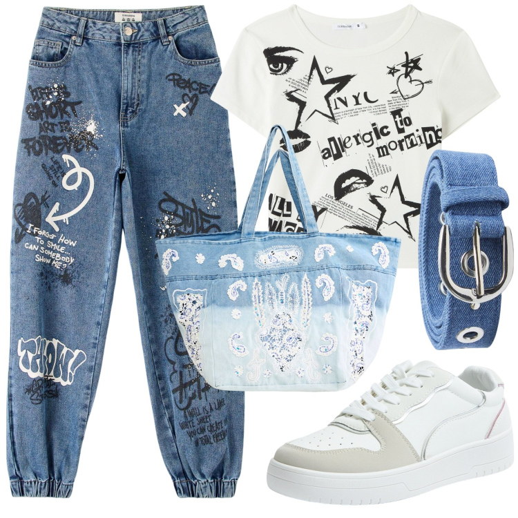 Outfit donna - Back to school. Stile Urban per Scuola/Università. Abbinamento con t-shirt, jeans, sneakers, shopping bag, cinture.