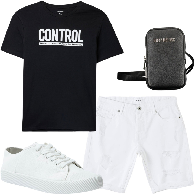 Outfit uomo - Black and white. Stile Casual per Tutti i giorni. Abbinamento con bermuda, sneakers, t-shirt, cinture.