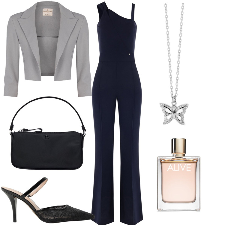 Outfit donna - Le spalline diverse. Stile Sexy per Serata fuori. Abbinamento con profumi, collane, tute, blazer, pochette, scarpe col tacco.