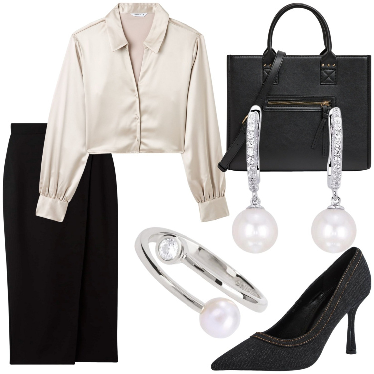 Outfit donna - Total look #1945359. Stile Chic per Ufficio. Abbinamento con gonne longuette, shopping bag, camicie, décolleté, orecchini, anelli.