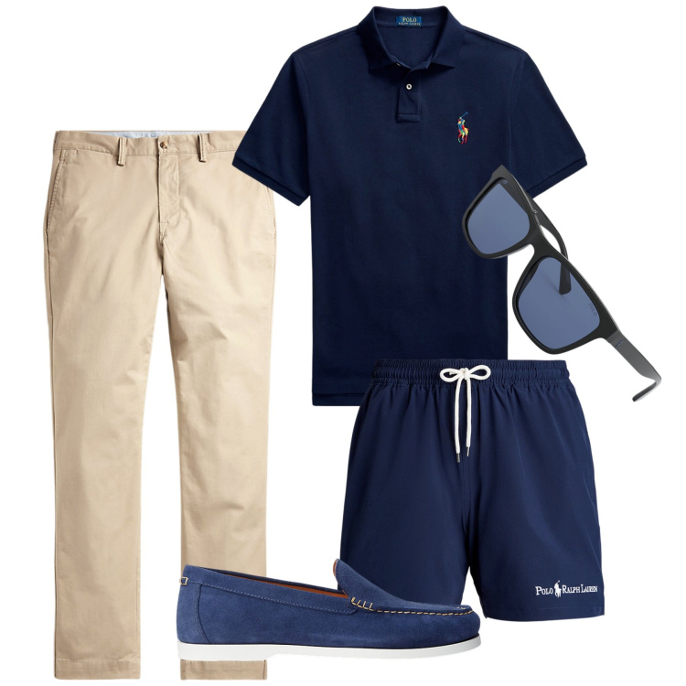 Outfit uomo - Blu navy da lungomare. Stile Casual per Tutti i giorni. Abbinamento con scarpe stringate, pantaloni, occhiali da sole, costumi, polo.
