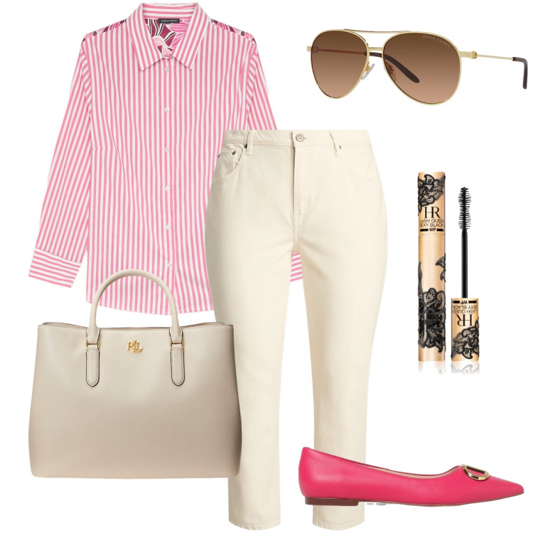 Outfit donna - Le ballerine fucsia. Stile Bon Ton per Ufficio. Abbinamento con mascara, occhiali da sole, borse a mano, jeans, ballerine, camicie.