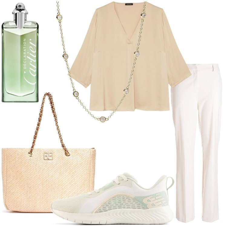 Outfit donna - Lo stile minimal per il rientro in città. Stile Minimal per Tutti i giorni. Abbinamento con profumi, collane, sneakers, pantaloni, borse a spalla, bluse.