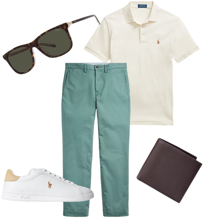 Outfit uomo - Il pantalone verde salvia. Stile Casual per Ufficio. Abbinamento con sneakers, pantaloni, portafogli, occhiali da sole, polo.