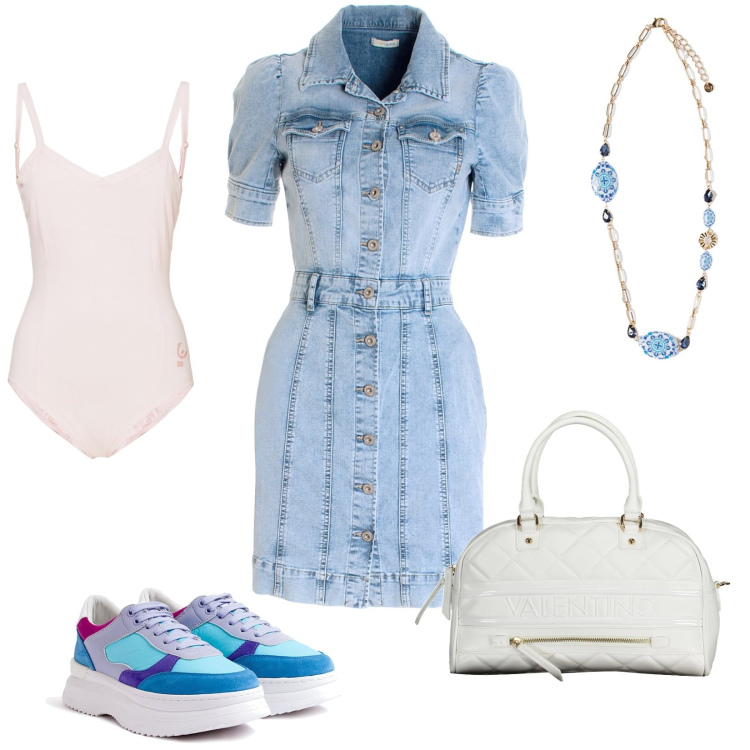 Outfit donna - Abito in denim. Stile Urban per Tutti i giorni. Abbinamento con vestiti chemisier, sneakers, body, ciondoli, borse a spalla.