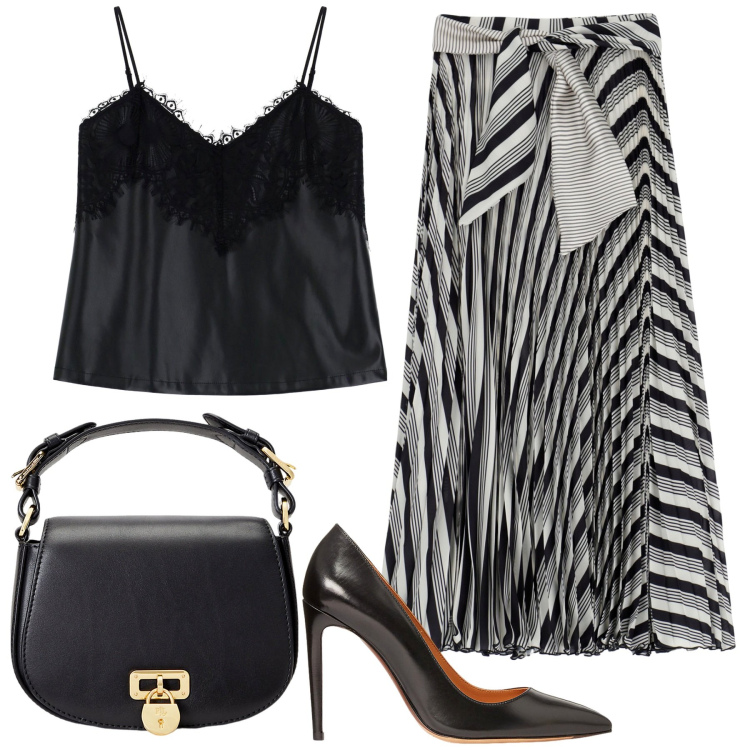 Outfit donna - Serata in gonna. Stile Glamour per Serata fuori. Abbinamento con gonne lunghe, top, borse a tracolla, décolleté.